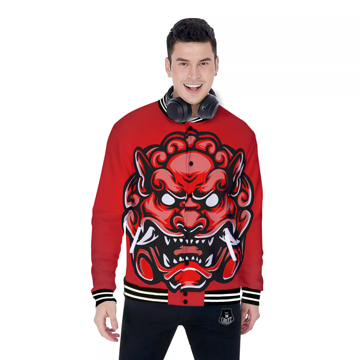 Red Foo Dog Print Baseball Jacket-grizzshop