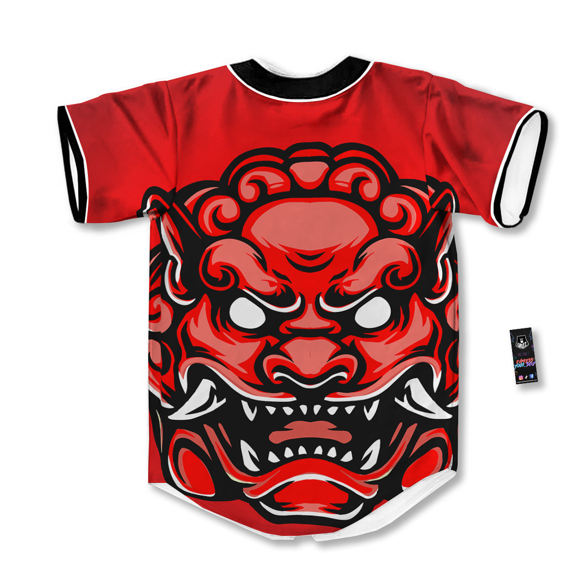 Red Foo Dog Print Baseball Jersey-grizzshop