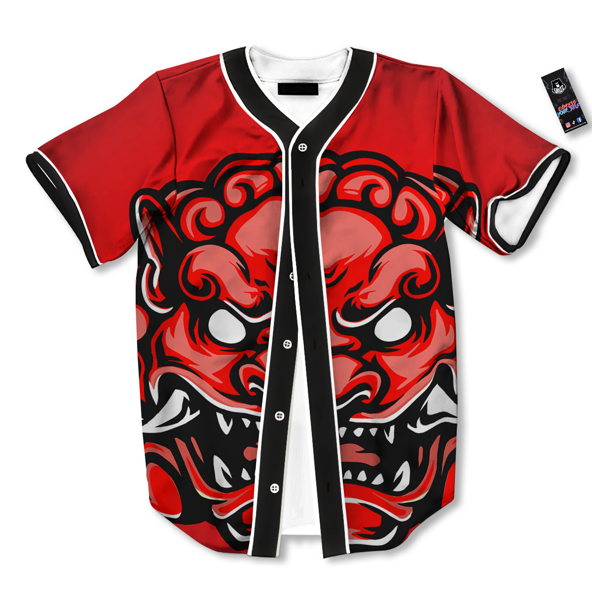 Red Foo Dog Print Baseball Jersey-grizzshop