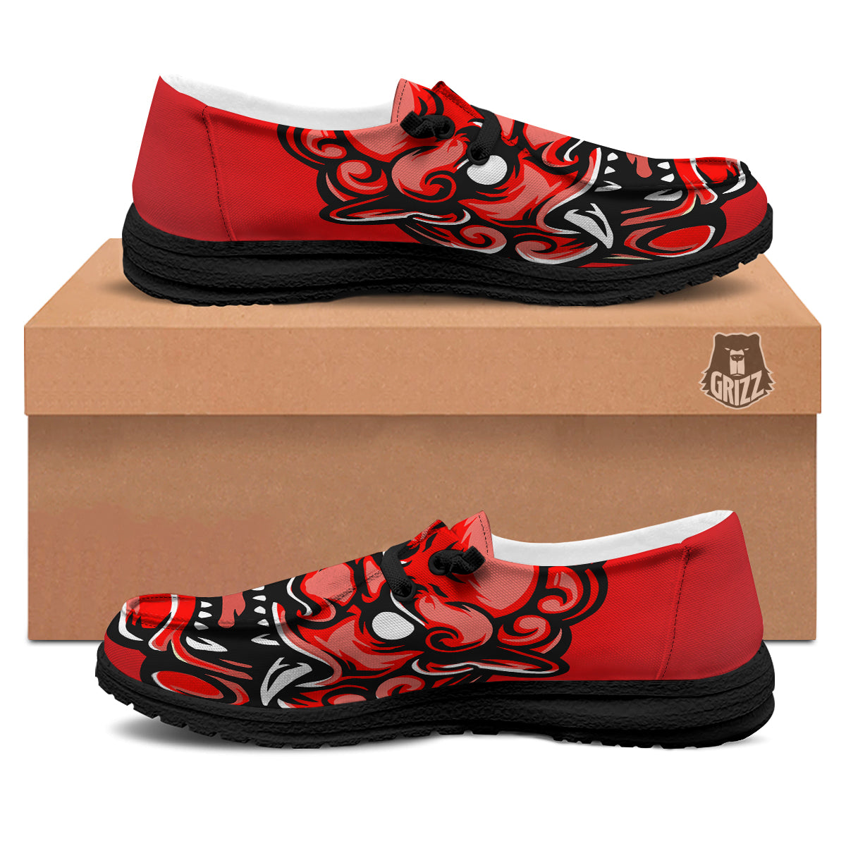 Red Foo Dog Print Black Loafers-grizzshop