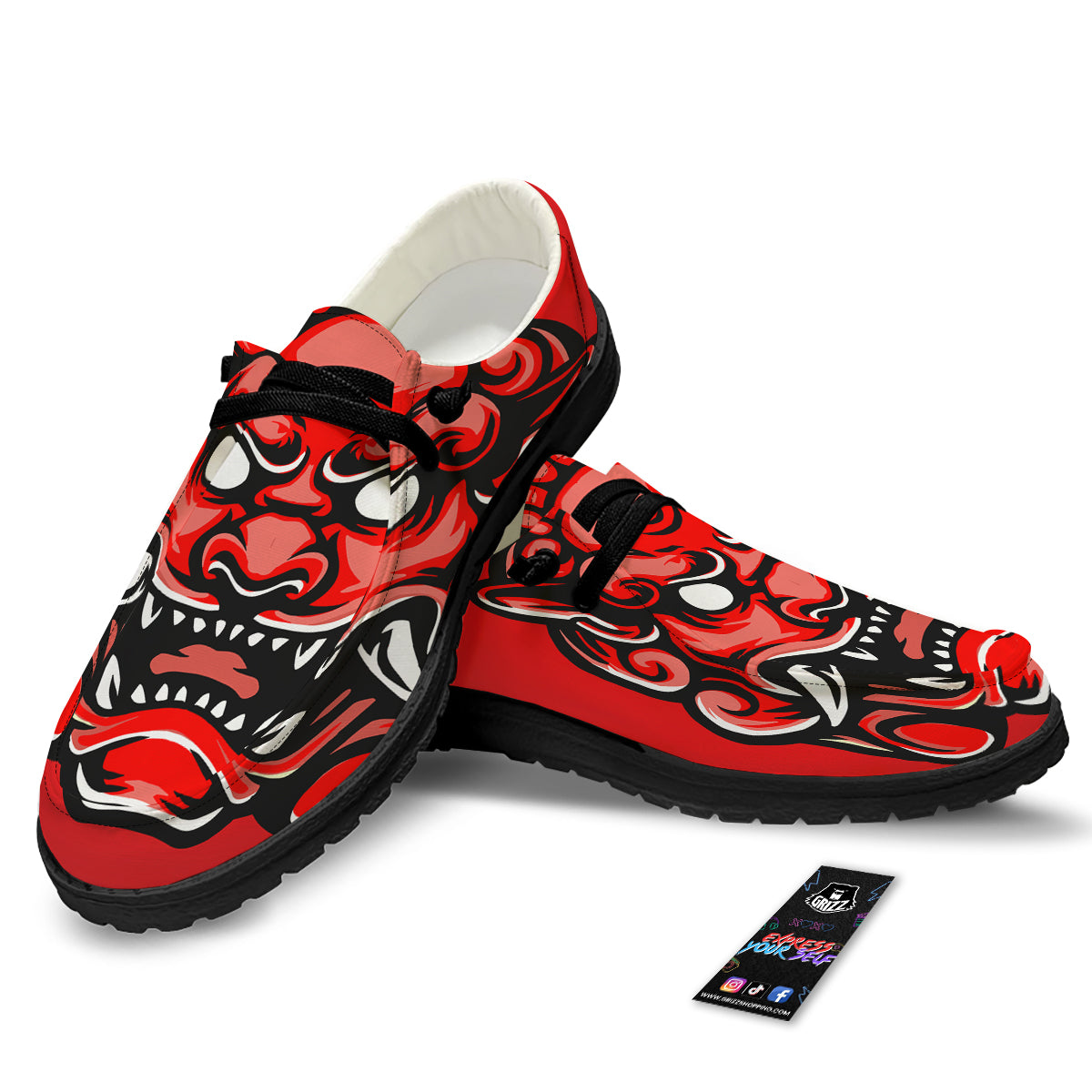 Red Foo Dog Print Black Loafers-grizzshop