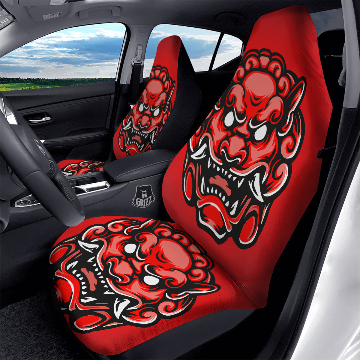 Red Foo Dog Print Car Seat Covers-grizzshop