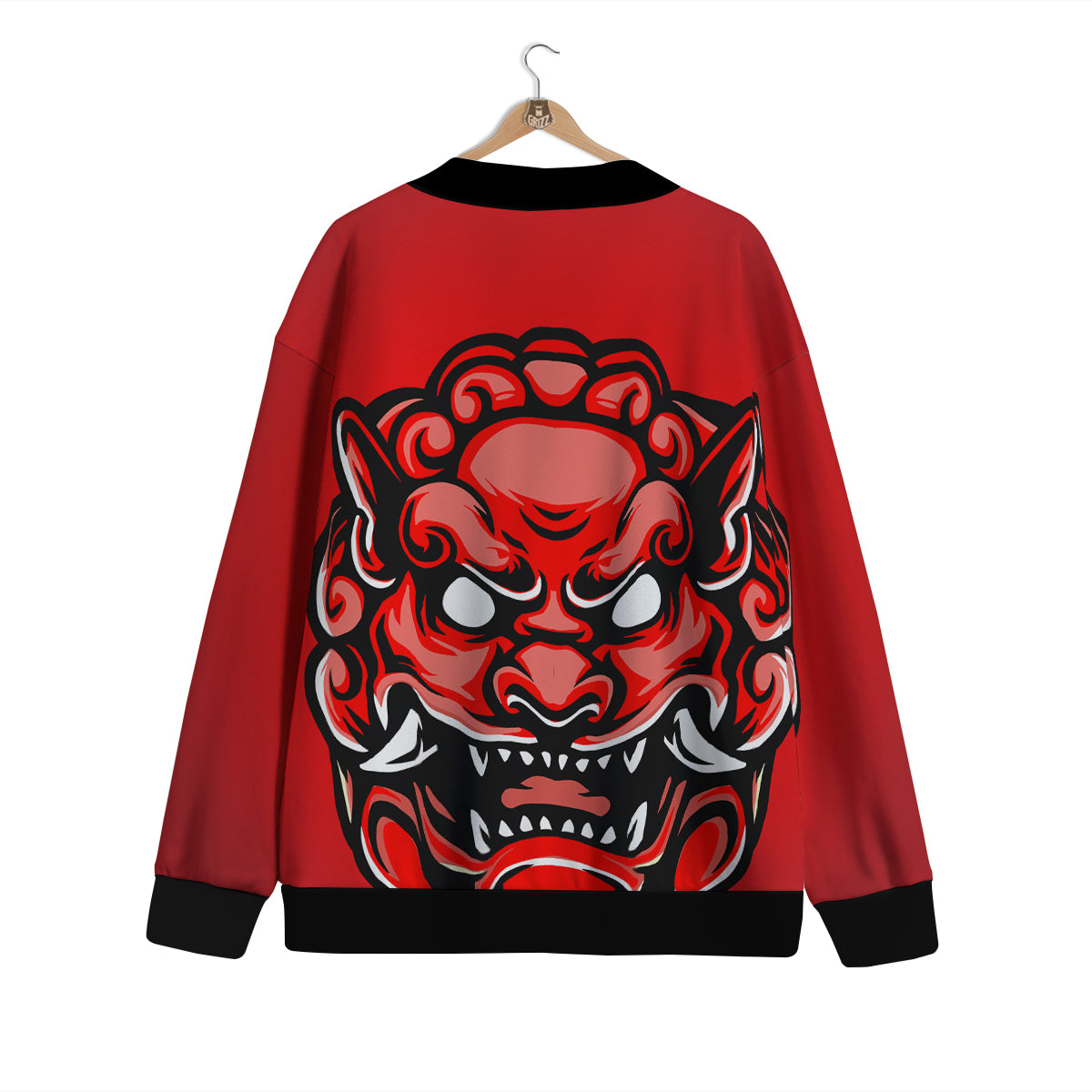 Red Foo Dog Print Cardigan-grizzshop