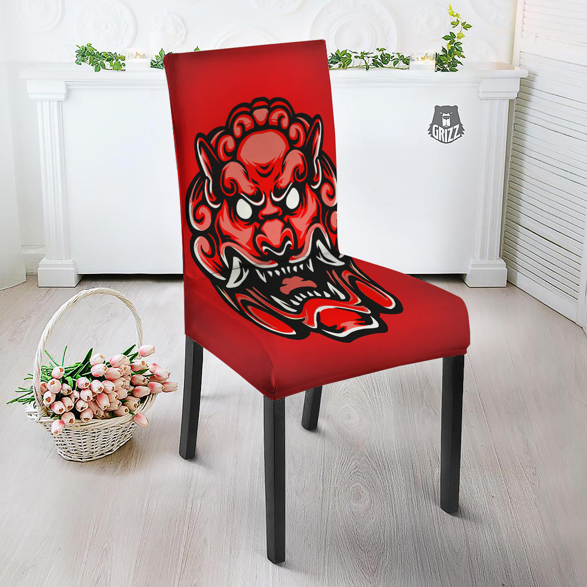 Red Foo Dog Print Dining Chair Slipcover-grizzshop