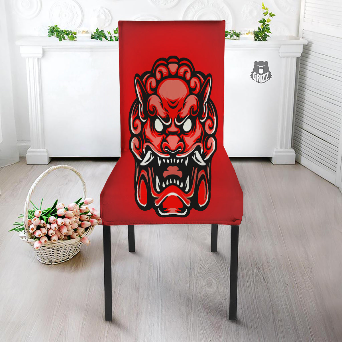 Red Foo Dog Print Dining Chair Slipcover-grizzshop