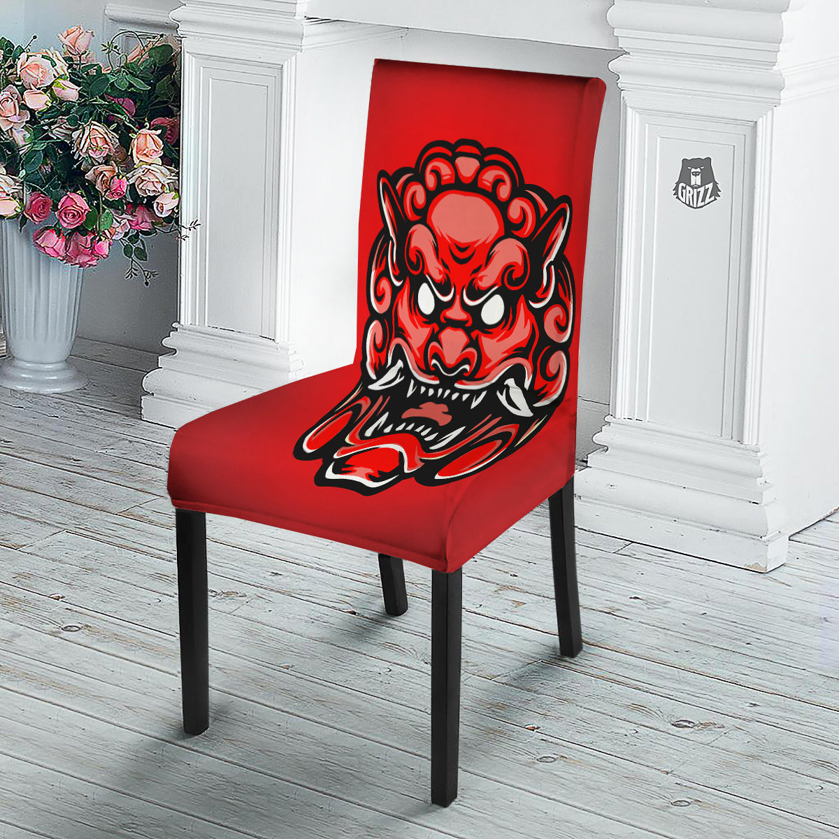 Red Foo Dog Print Dining Chair Slipcover-grizzshop
