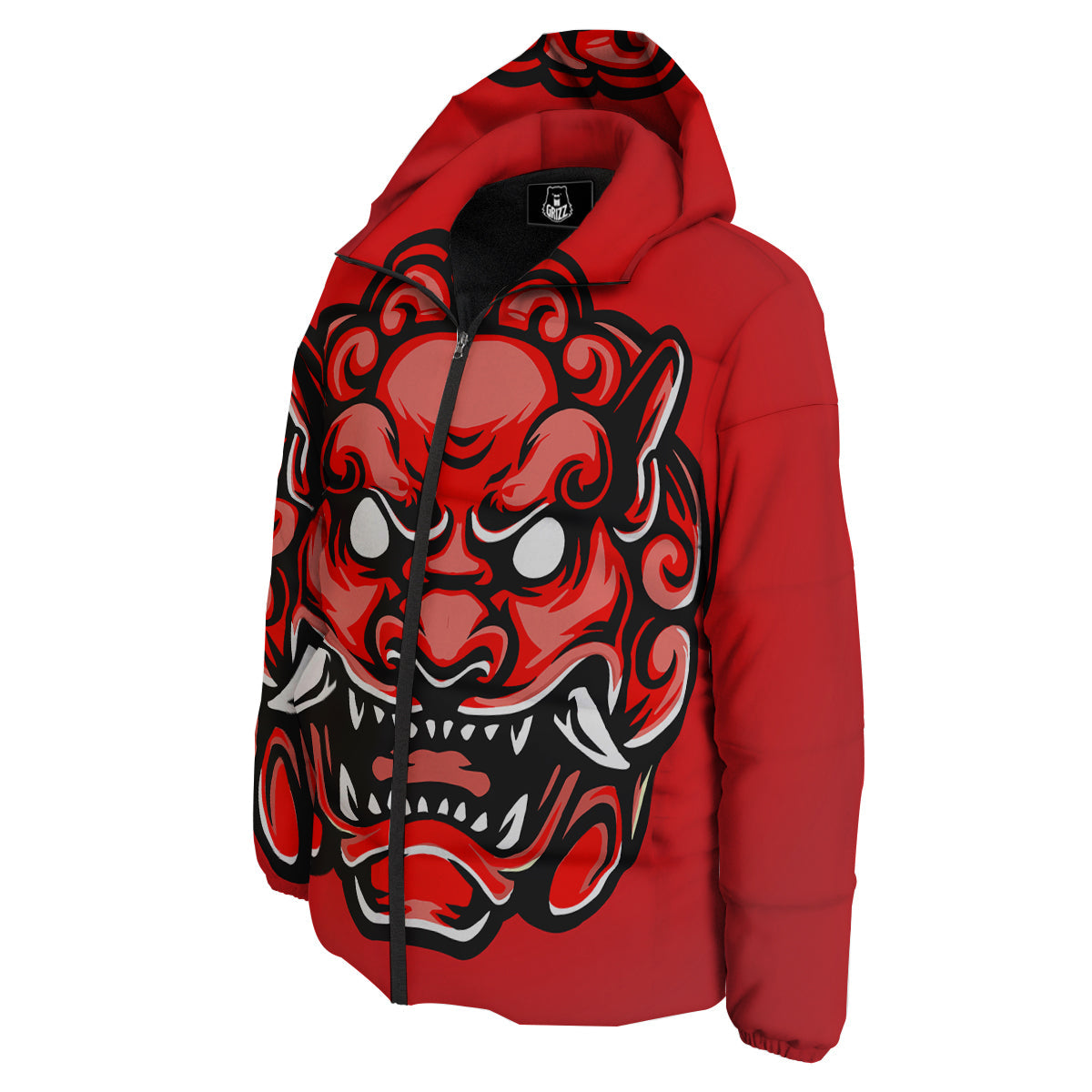 Red Foo Dog Print Down Jacket-grizzshop