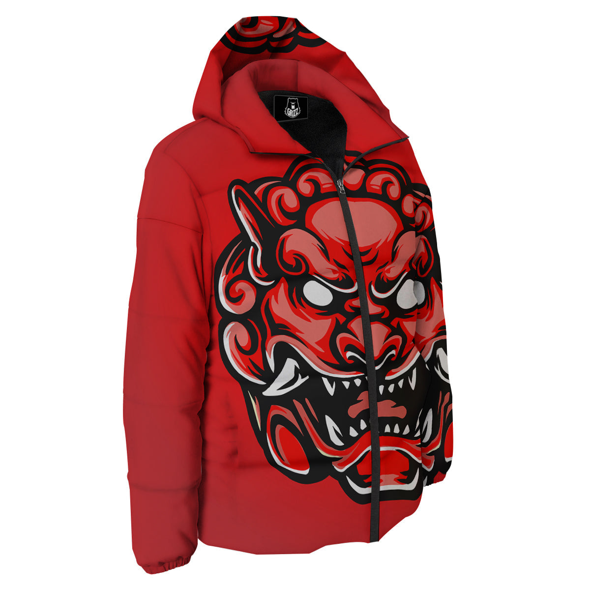 Red Foo Dog Print Down Jacket-grizzshop
