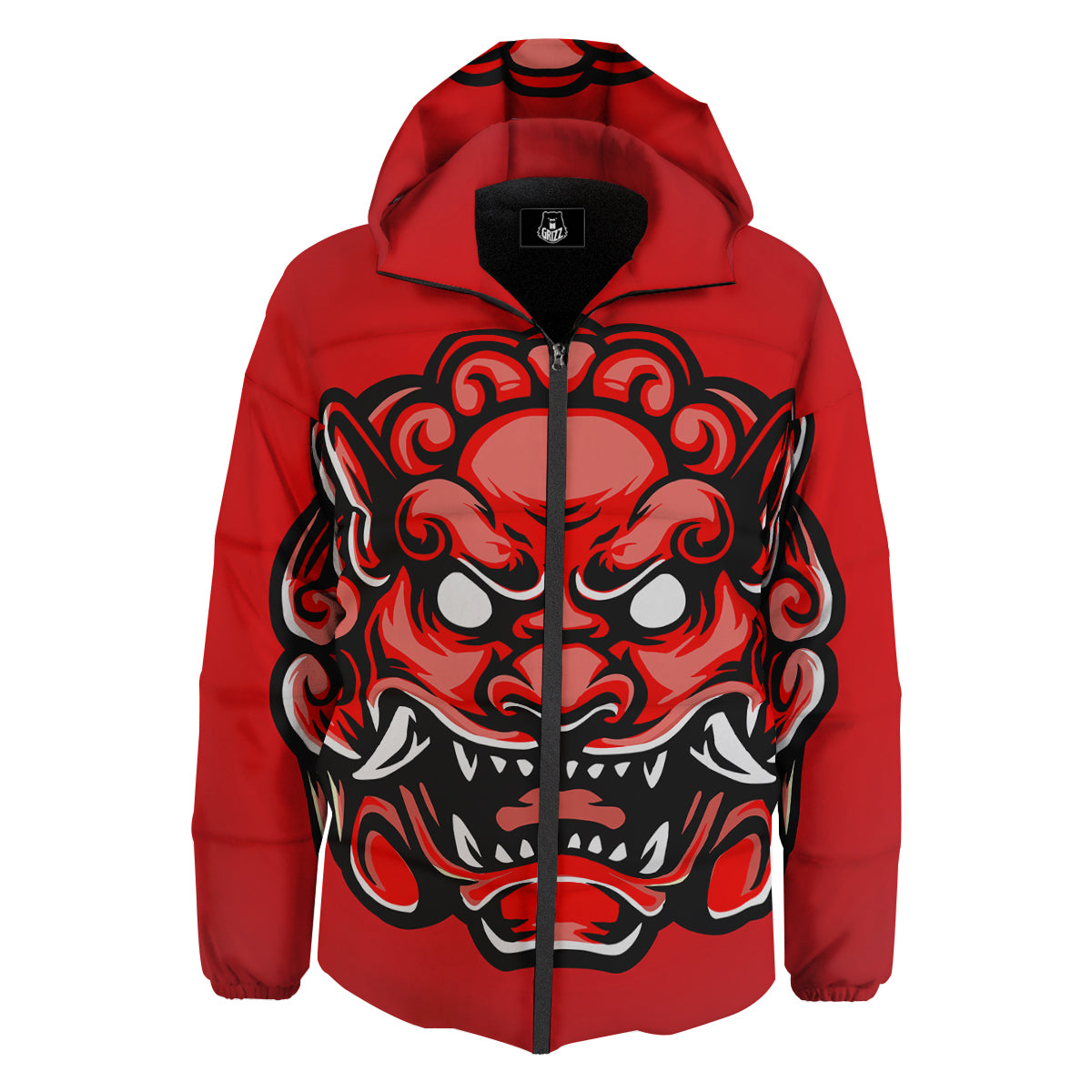 Red Foo Dog Print Down Jacket-grizzshop