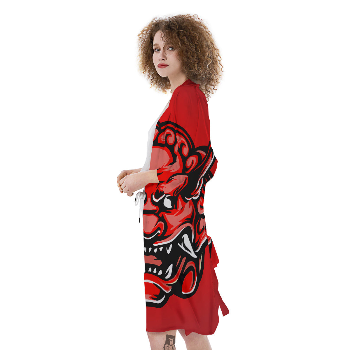 Red Foo Dog Print Kimono-grizzshop