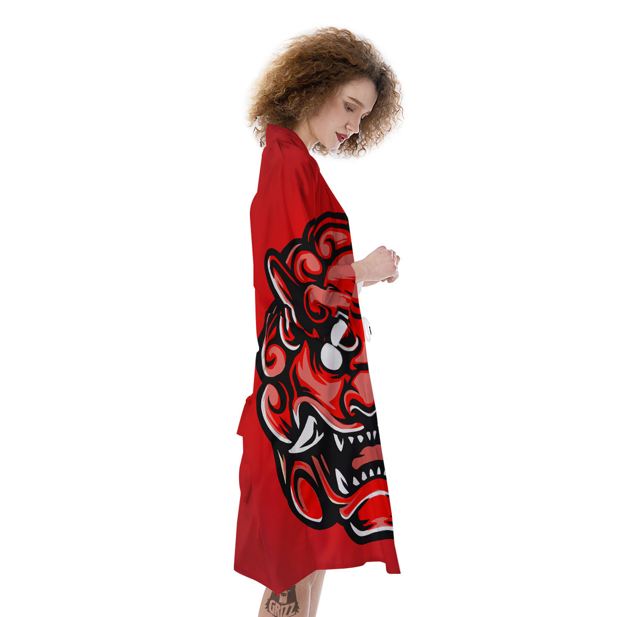 Red Foo Dog Print Kimono-grizzshop