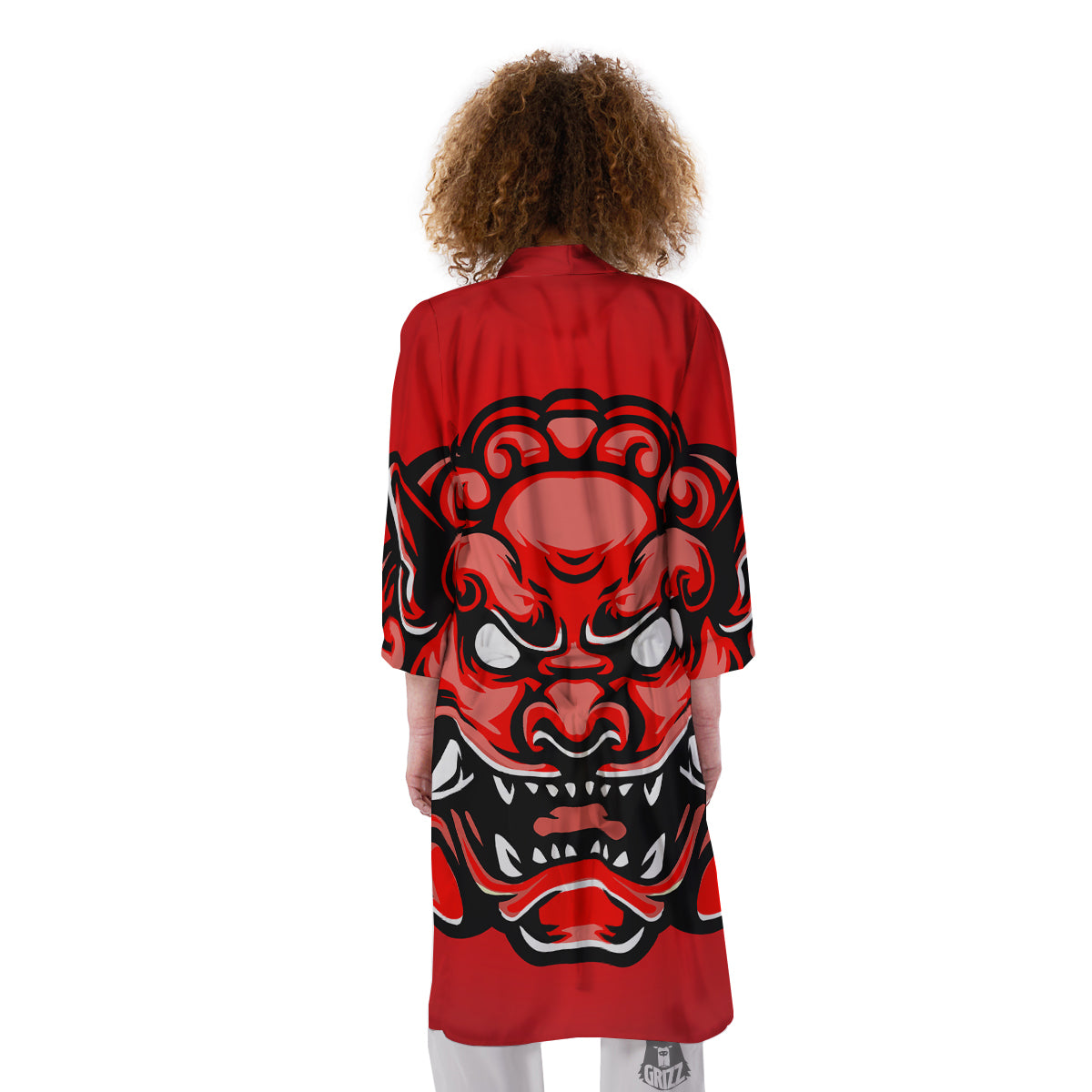 Red Foo Dog Print Kimono-grizzshop