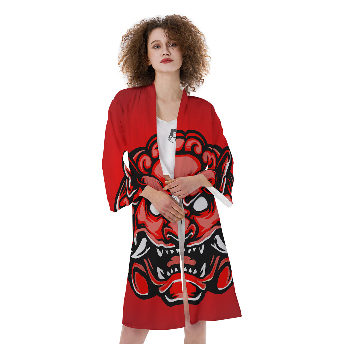 Red Foo Dog Print Kimono-grizzshop