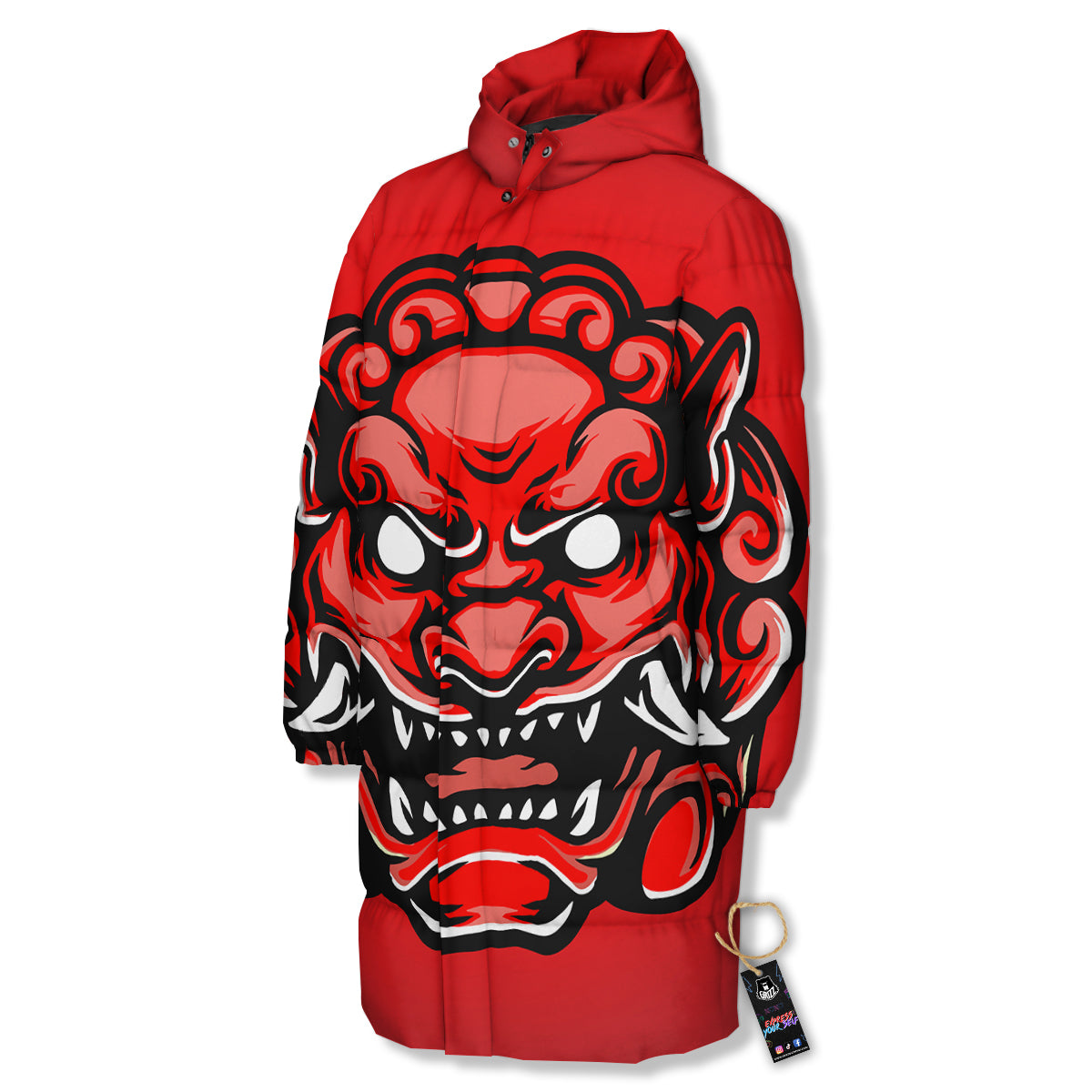 Red Foo Dog Print Long Down Jacket-grizzshop