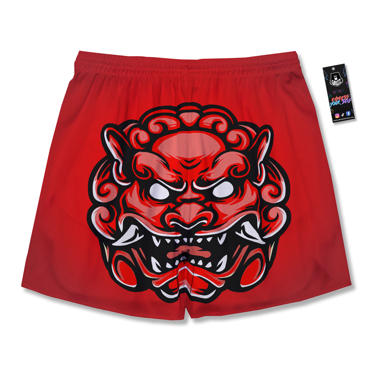 Red Foo Dog Print Men's Running Shorts-grizzshop