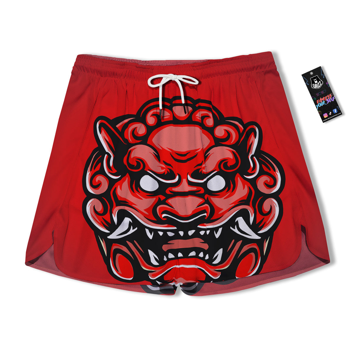 Red Foo Dog Print Men's Running Shorts-grizzshop