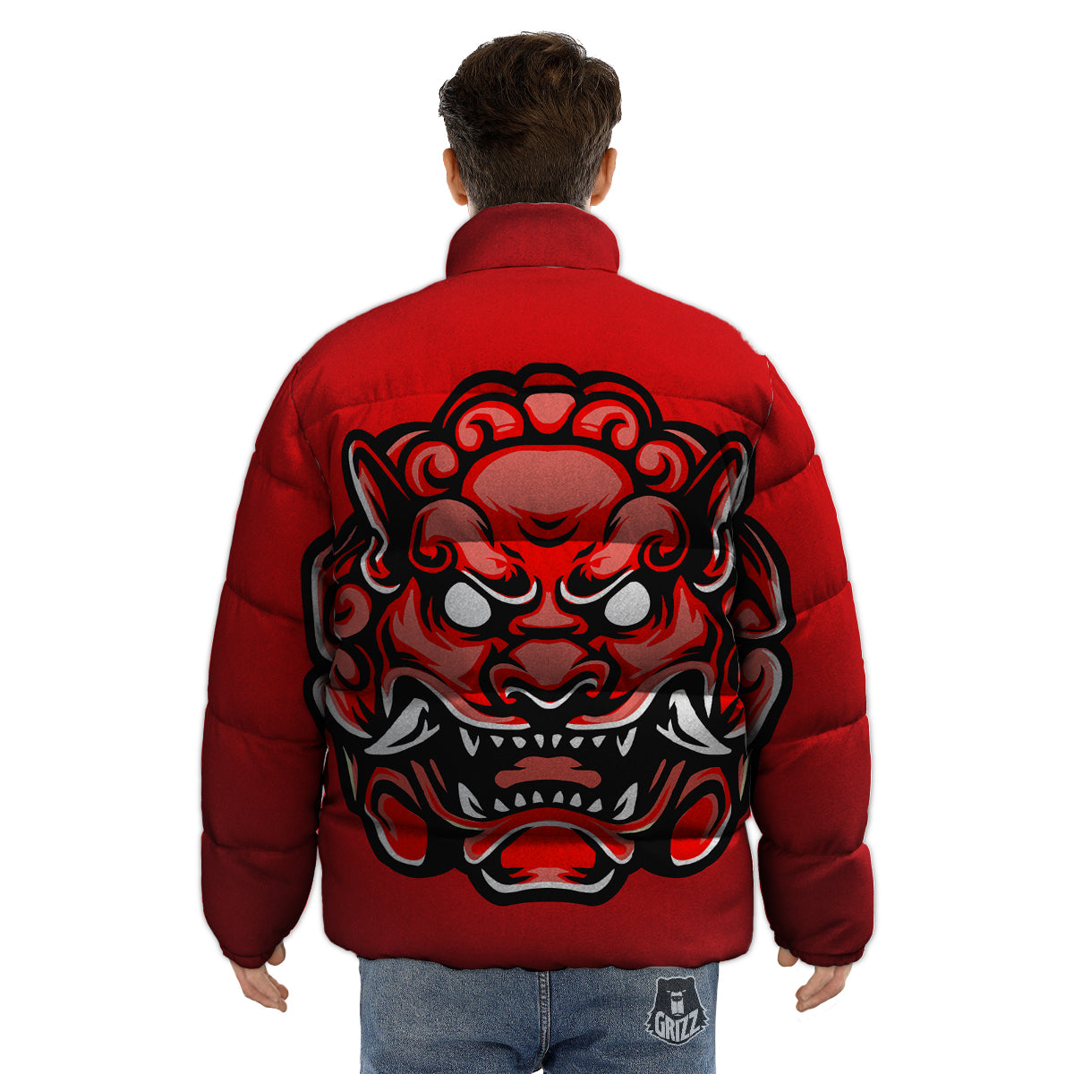 Red Foo Dog Print Puffer Jacket-grizzshop