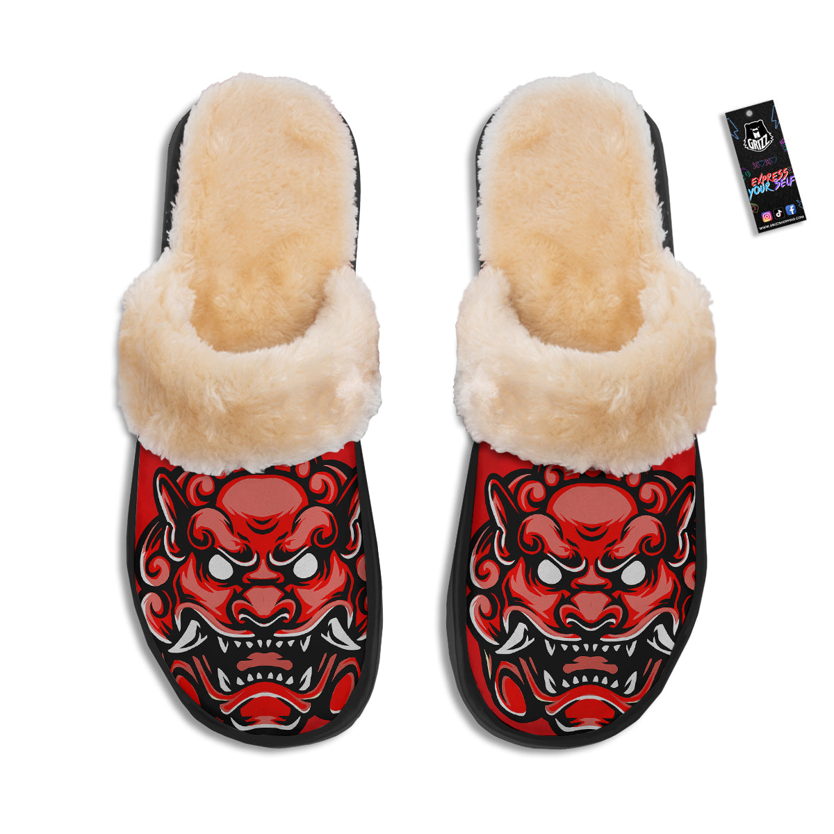 Red Foo Dog Print Slippers-grizzshop