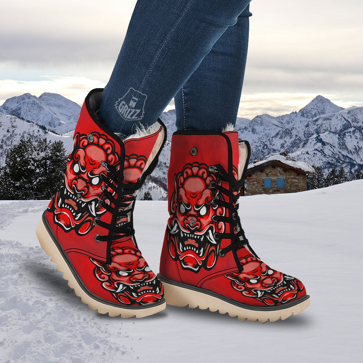 Red Foo Dog Print Snow Boots-grizzshop