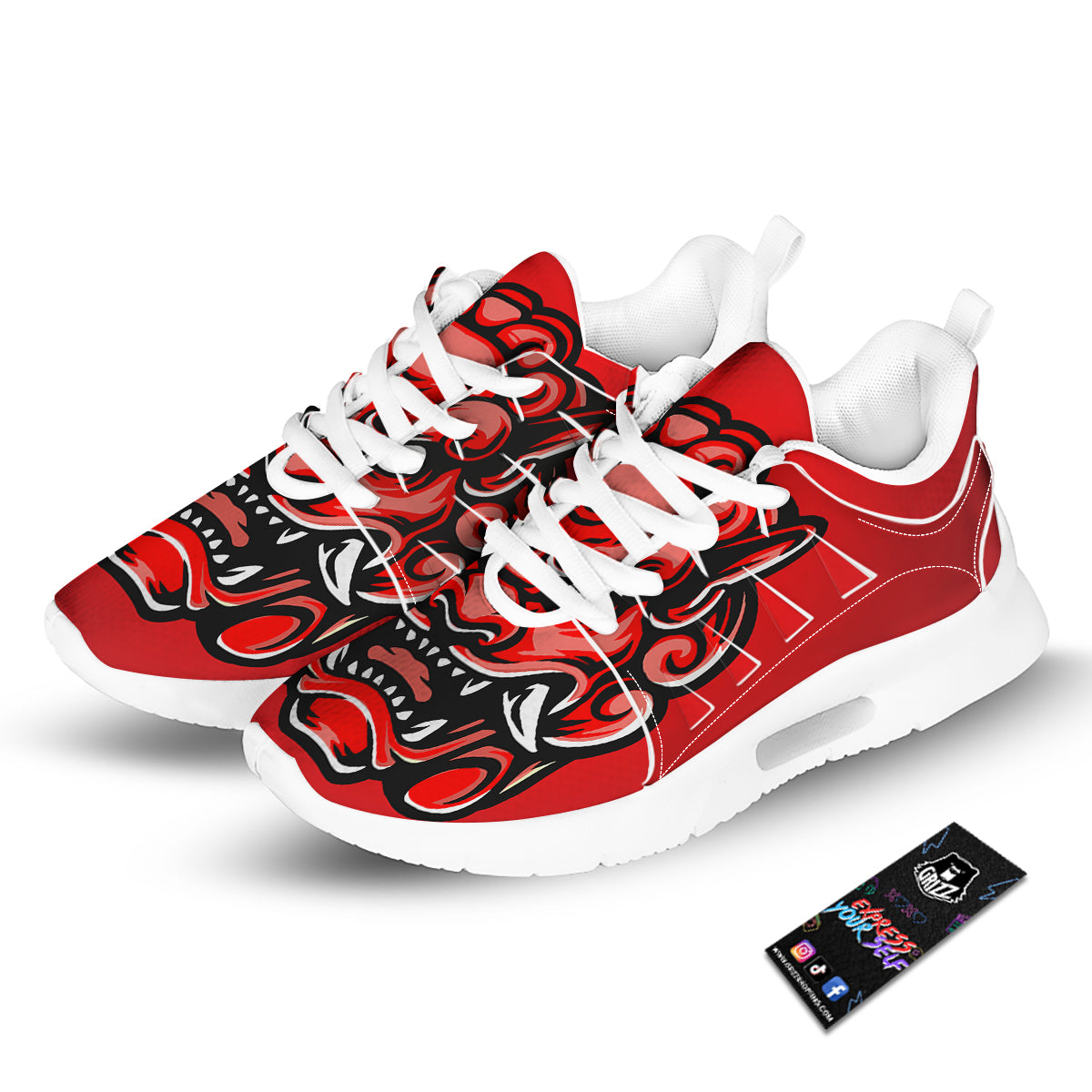 Red Foo Dog Print Tennis Shoes-grizzshop