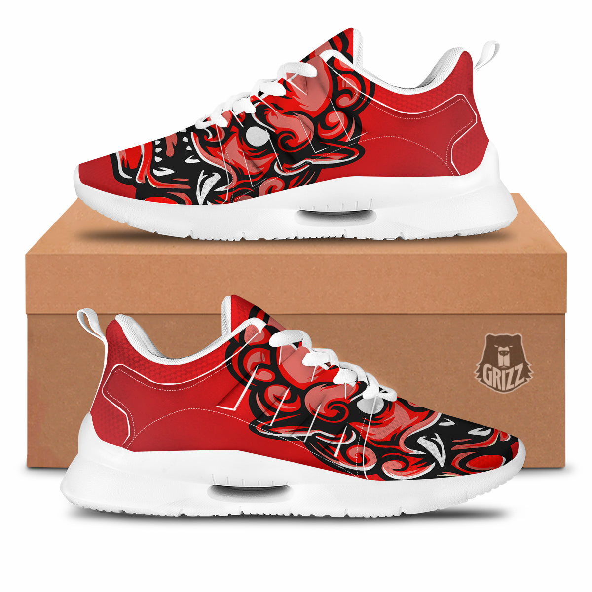 Red Foo Dog Print Tennis Shoes-grizzshop