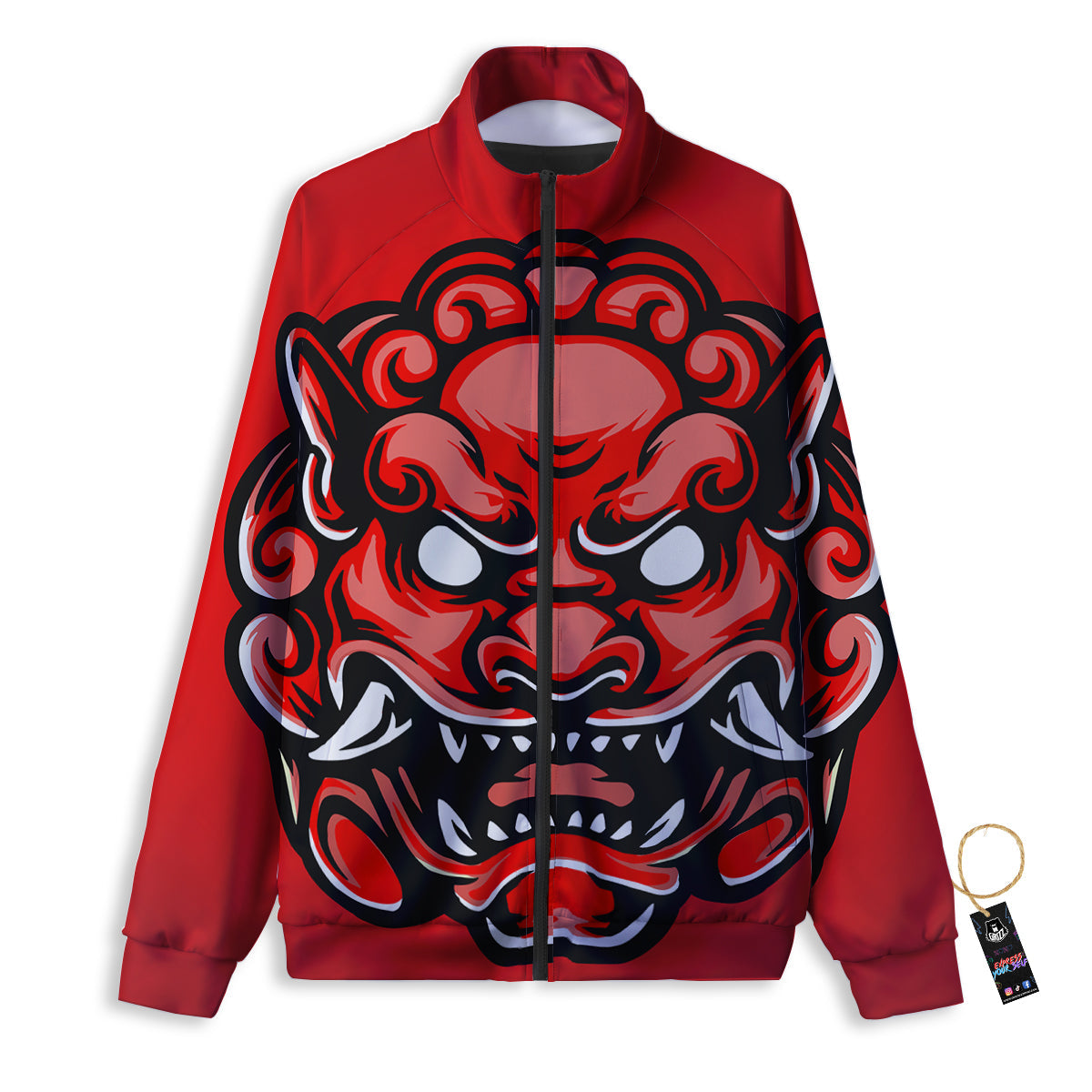 Red Foo Dog Print Track Jacket-grizzshop