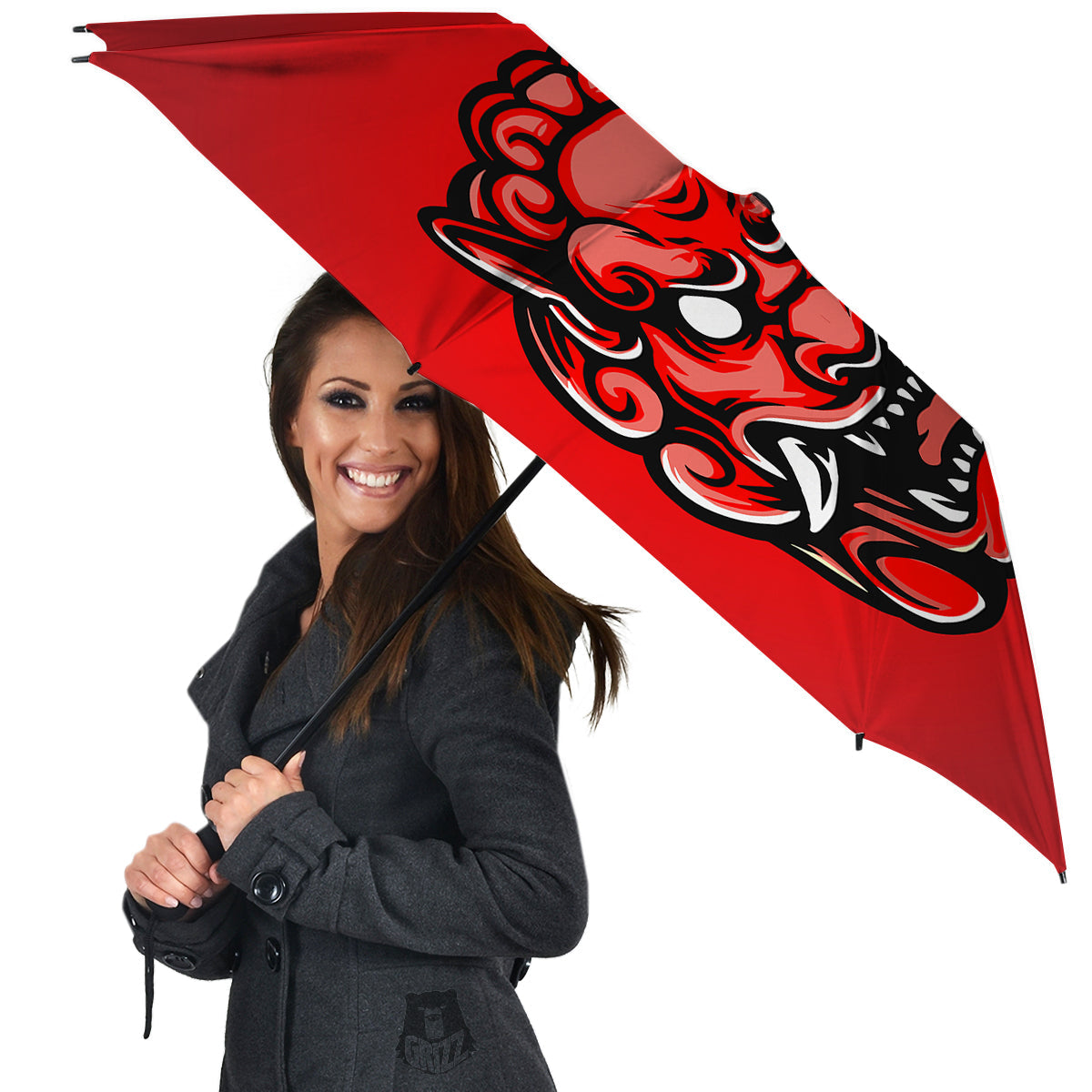 Red Foo Dog Print Umbrella-grizzshop