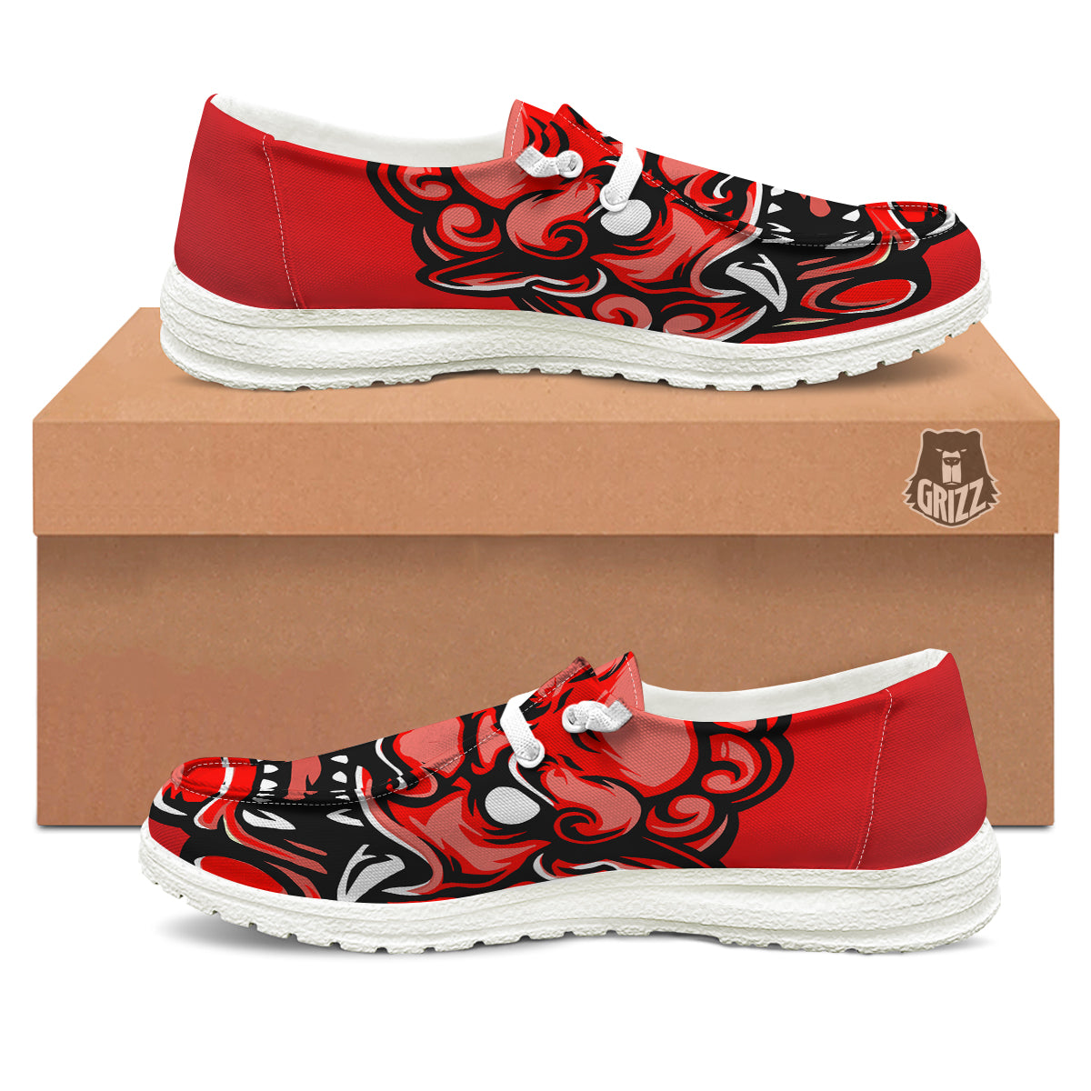 Red Foo Dog Print White Loafers-grizzshop