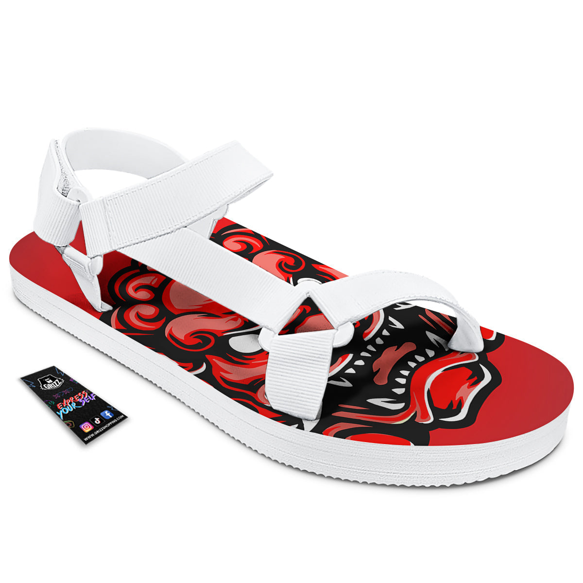 Red Foo Dog Print White Open Toe Sandals-grizzshop