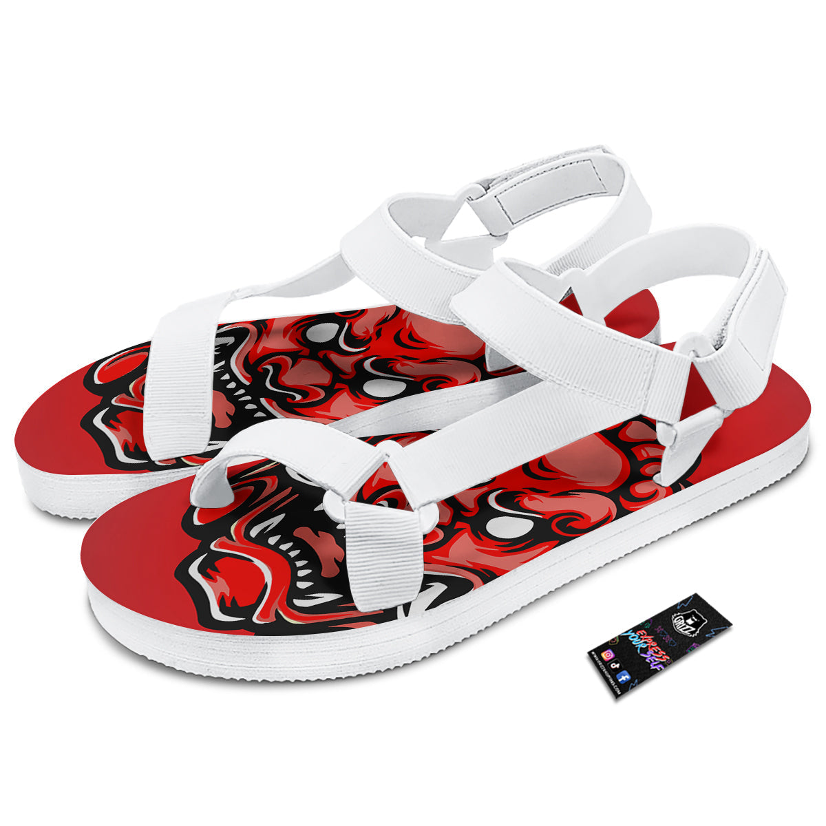 Red Foo Dog Print White Open Toe Sandals-grizzshop