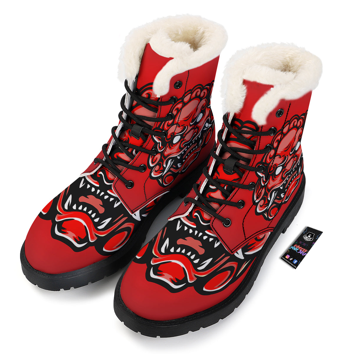 Red Foo Dog Print Winter Boots-grizzshop
