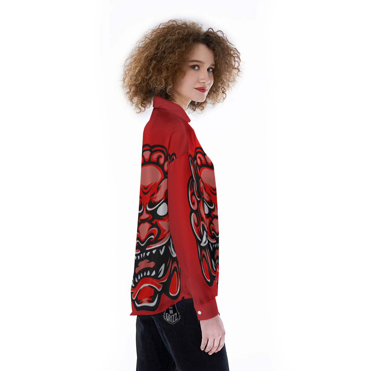 Red Foo Dog Print Women's Long Sleeve Shirts-grizzshop