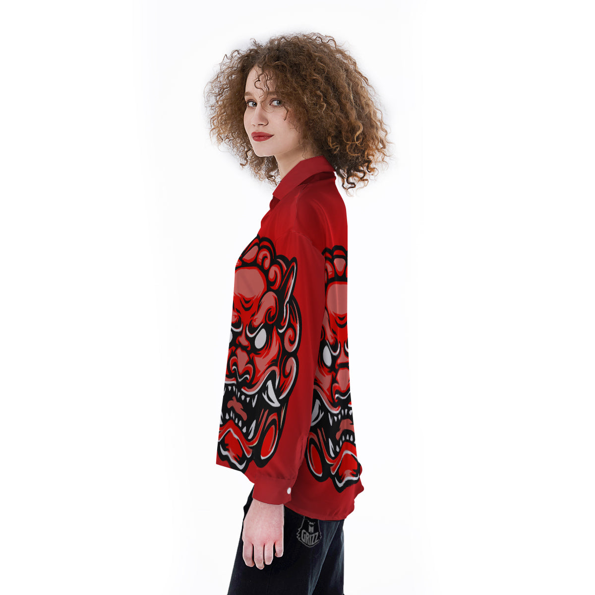 Red Foo Dog Print Women's Long Sleeve Shirts-grizzshop