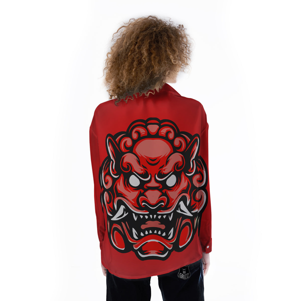 Red Foo Dog Print Women's Long Sleeve Shirts-grizzshop