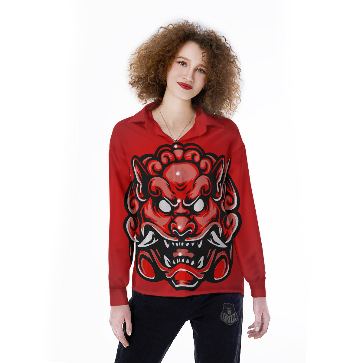 Red Foo Dog Print Women's Long Sleeve Shirts-grizzshop
