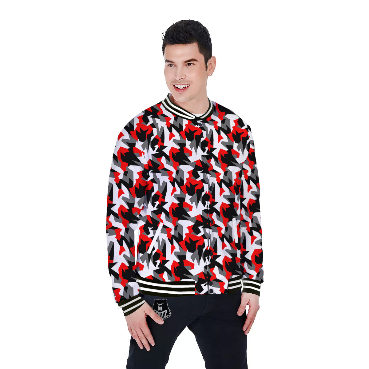 Red Geometric Camouflage Print Pattern Baseball Jacket-grizzshop