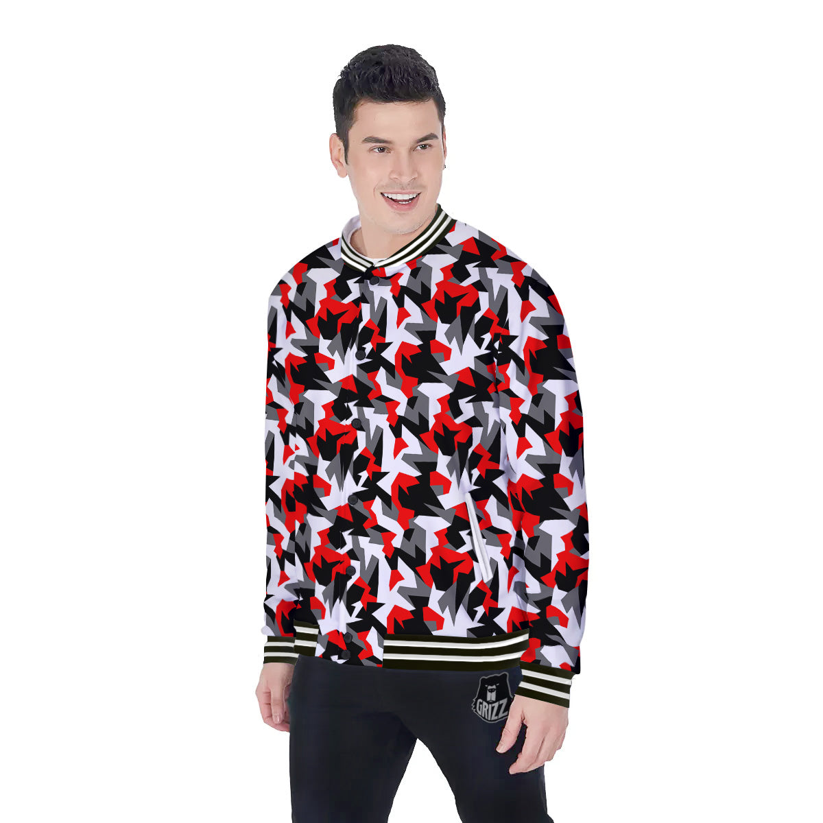 Red Geometric Camouflage Print Pattern Baseball Jacket-grizzshop
