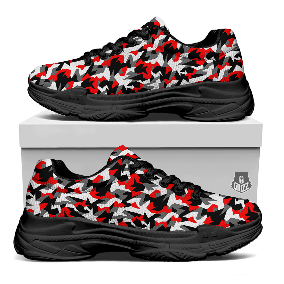 Red Geometric Camouflage Print Pattern Black Chunky Shoes-grizzshop