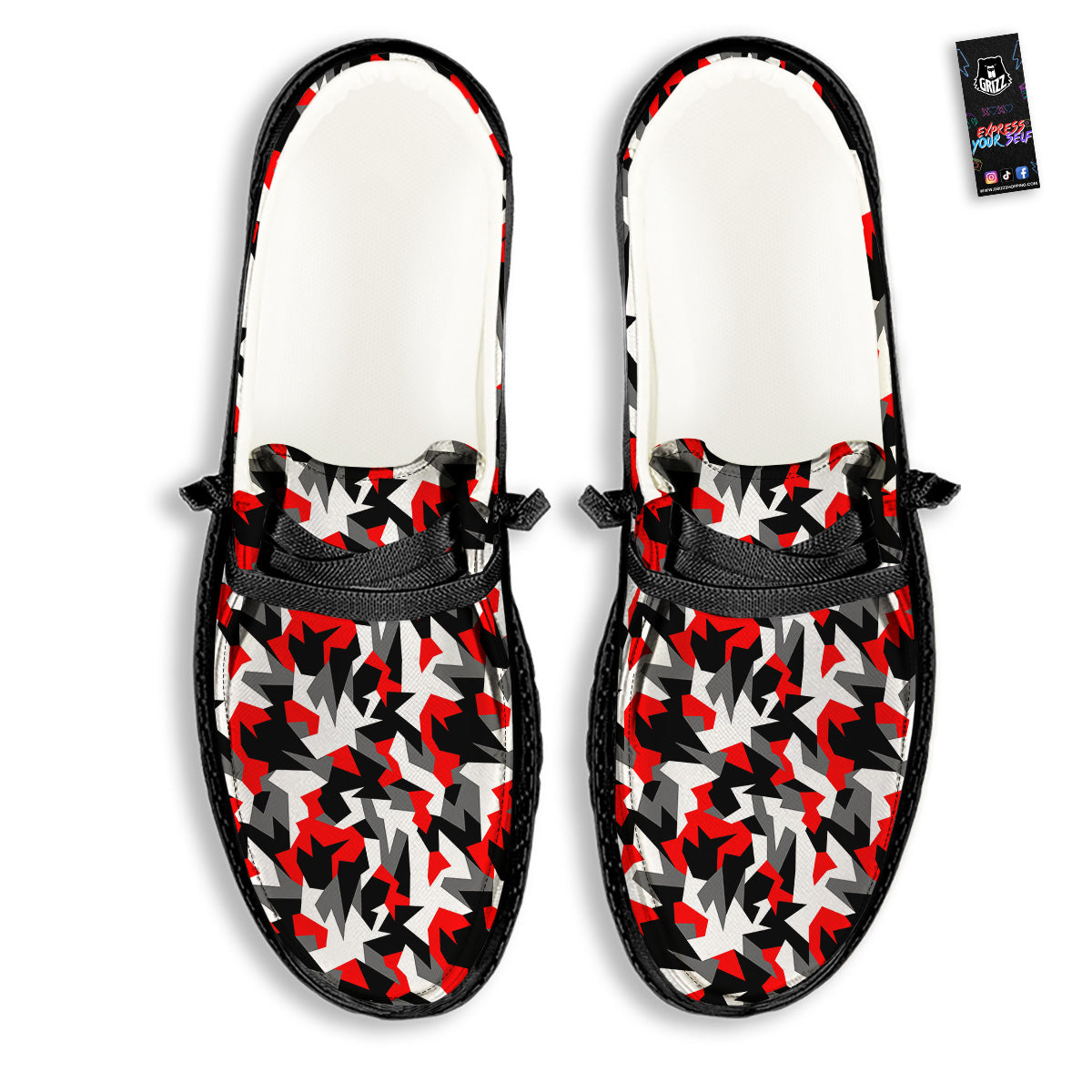Red Geometric Camouflage Print Pattern Black Loafers-grizzshop