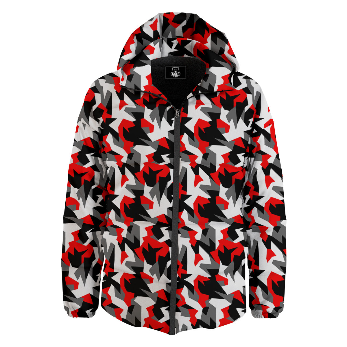 Red Geometric Camouflage Print Pattern Down Jacket-grizzshop