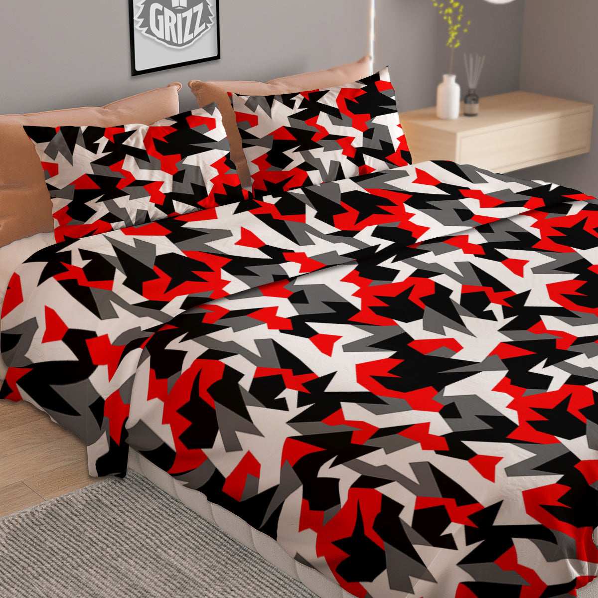 Red Geometric Camouflage Print Pattern Duvet Cover Bedding Set