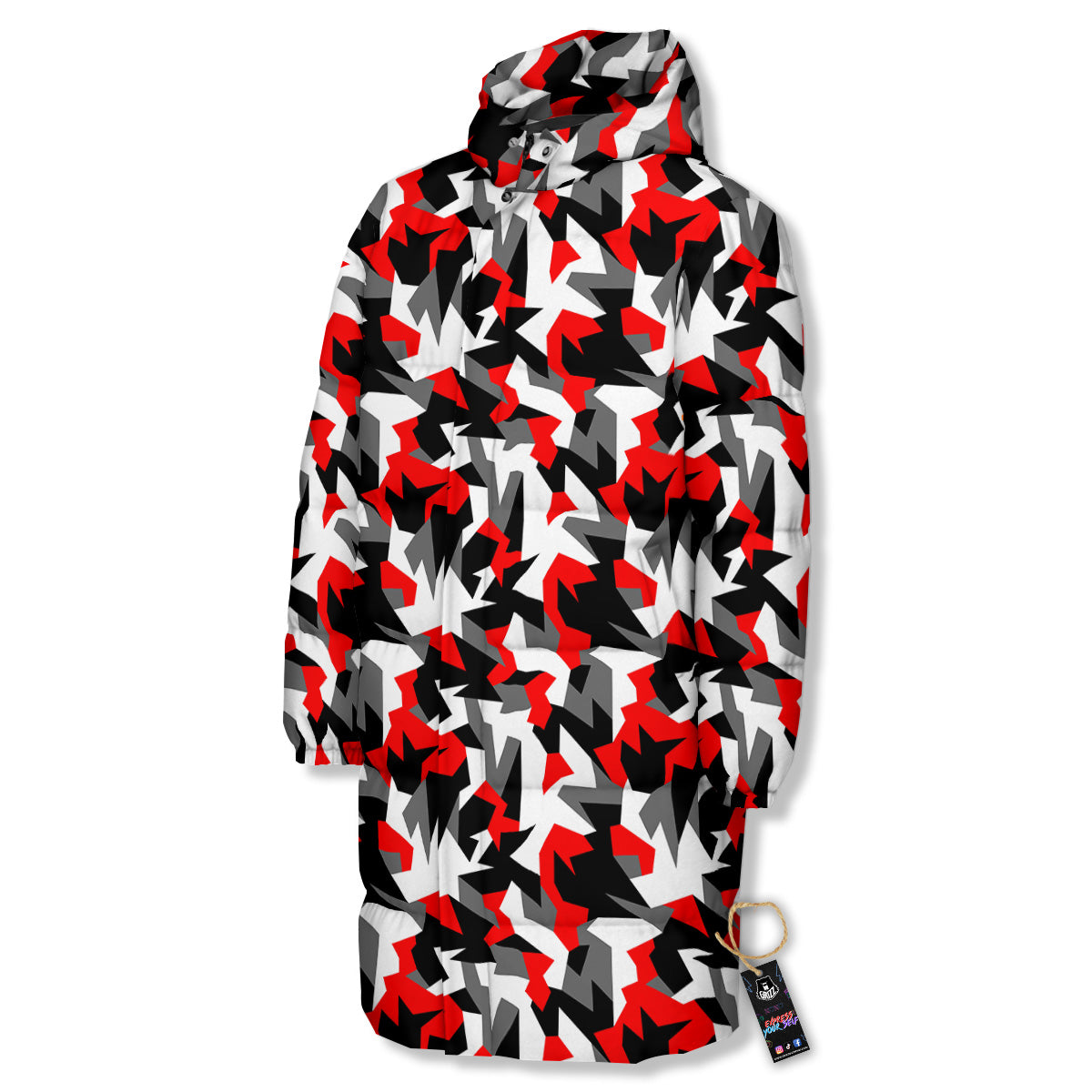 Red Geometric Camouflage Print Pattern Long Down Jacket-grizzshop