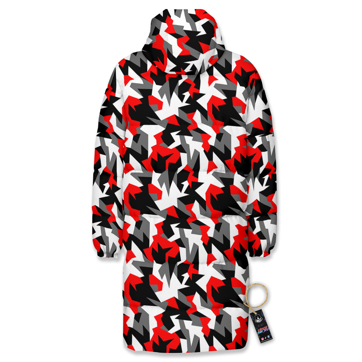 Red Geometric Camouflage Print Pattern Long Down Jacket-grizzshop