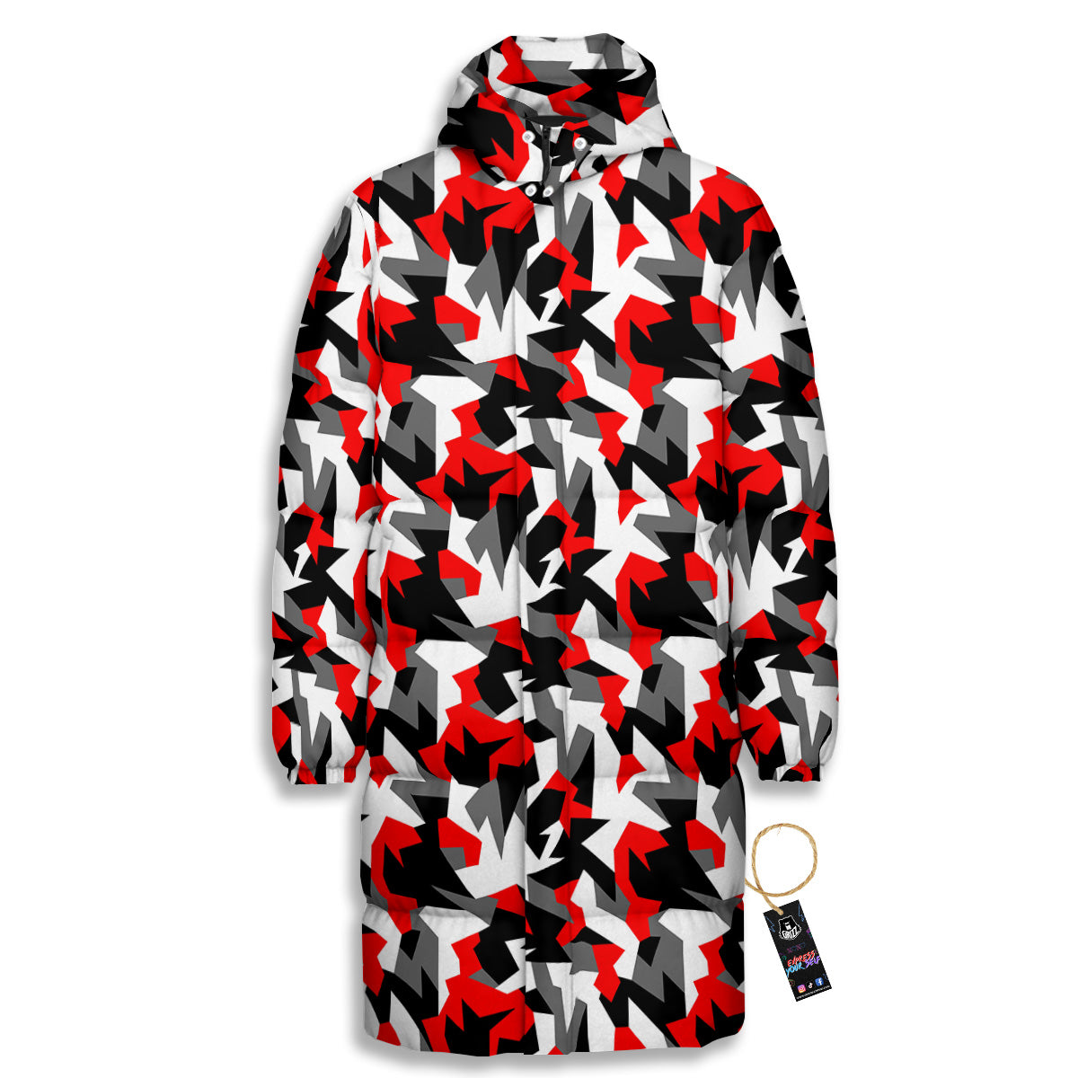 Red Geometric Camouflage Print Pattern Long Down Jacket-grizzshop