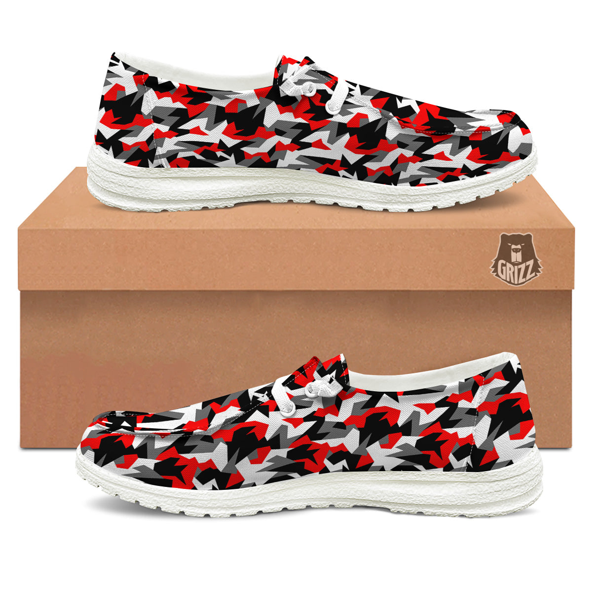 Red Geometric Camouflage Print Pattern White Loafers-grizzshop