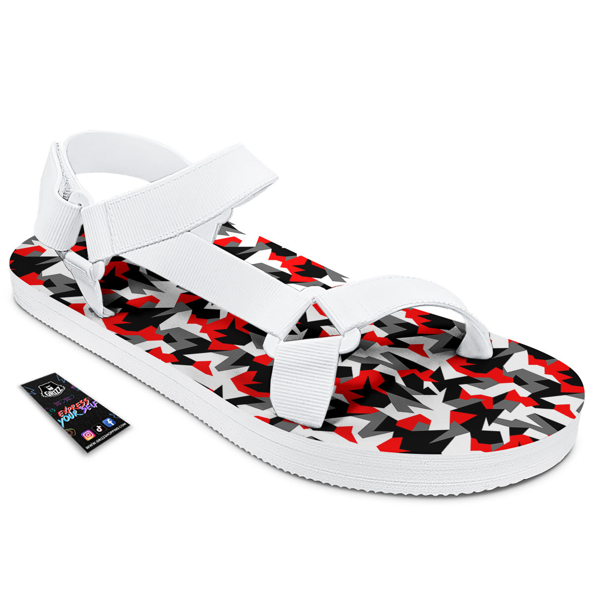 Red Geometric Camouflage Print Pattern White Open Toe Sandals-grizzshop