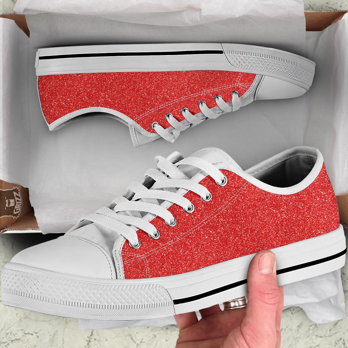 Red Glitter Artwork Print White Low Top Shoes-grizzshop