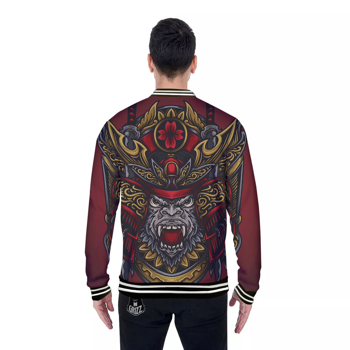 Red Gorilla Samurai Print Baseball Jacket-grizzshop