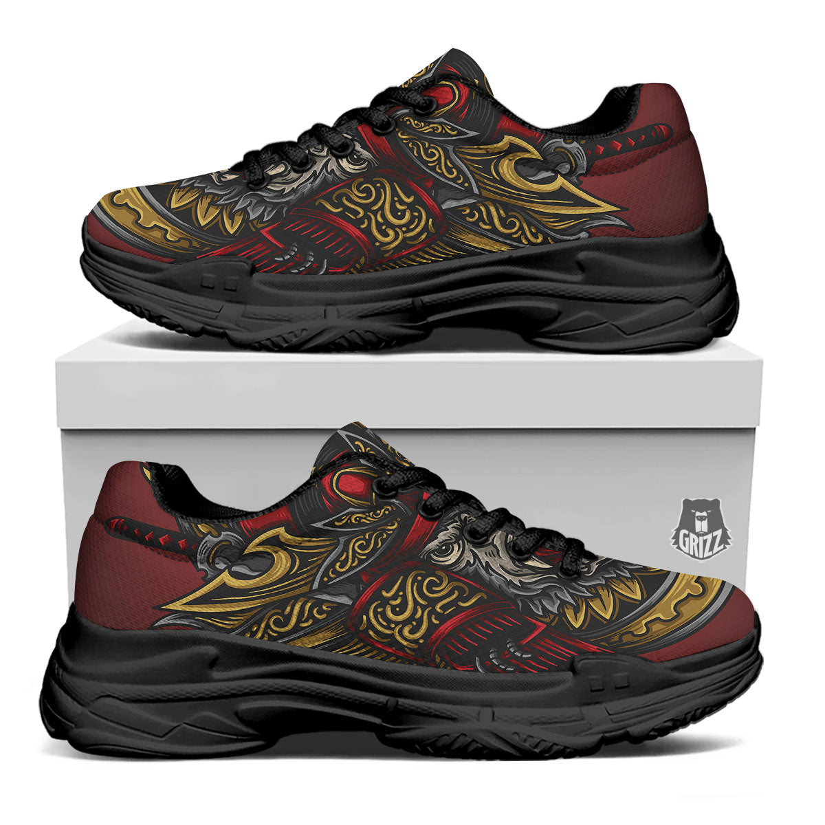 Red Gorilla Samurai Print Black Chunky Shoes-grizzshop