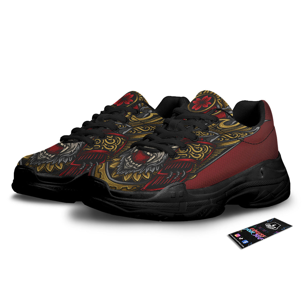 Red Gorilla Samurai Print Black Chunky Shoes-grizzshop